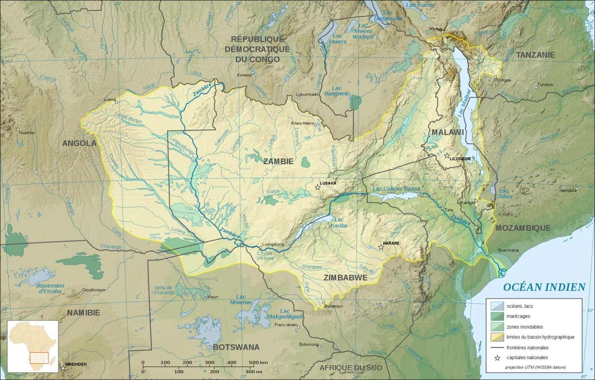 carte de la Zambie montrant les rivières et les lacs